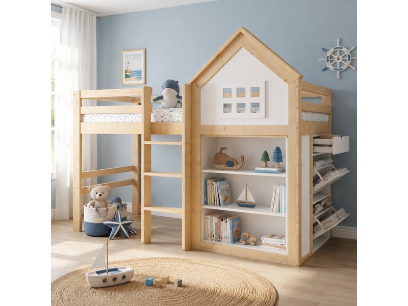  Lit mezzanine enfant simple 90×200 cm, 3 tiroirs et rangements  - sans matelas bois blanc et naturel  - Conforama C