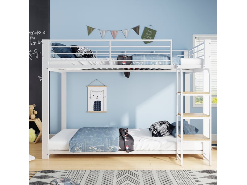  Lit superposé enfant 90x200 cm, pour chambre enfant, avec échelle intégrée, métal et mdf, blanc et noyer, sans matelas  - Conforama E