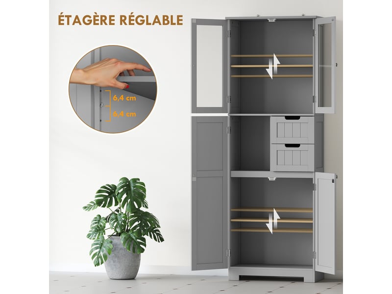  Meuble de salle de bain haut 4 portes 2 tiroirs gris 60 x 30 x 170 cm  - Conforama E