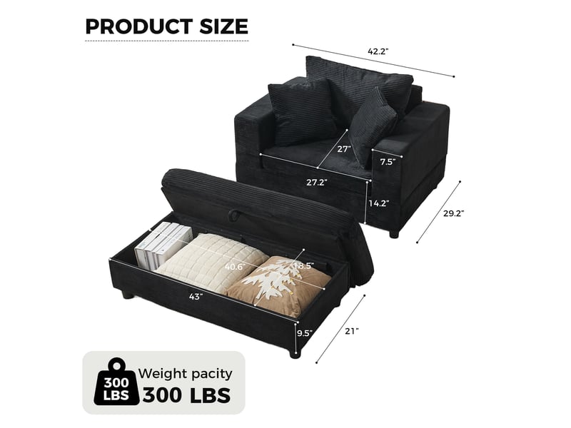  Chaise longue,107x74x57 cm,avec repose-pieds rangement,velours côtelé,noir  - Conforama C