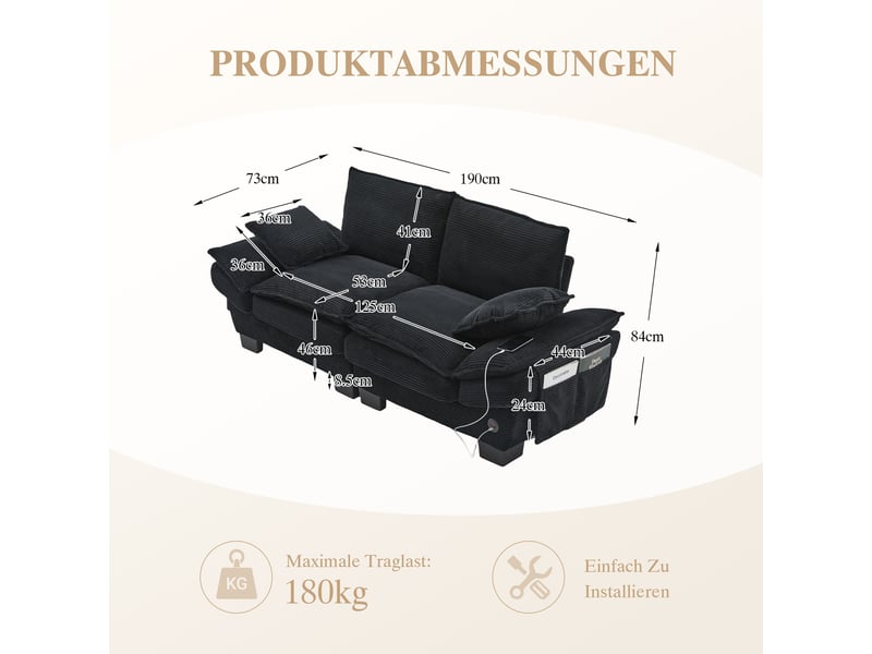 Canapé 2 places en velours côtelé noir, assise large 125 cm et usb-c intégré avec poches latérales  - Conforama C