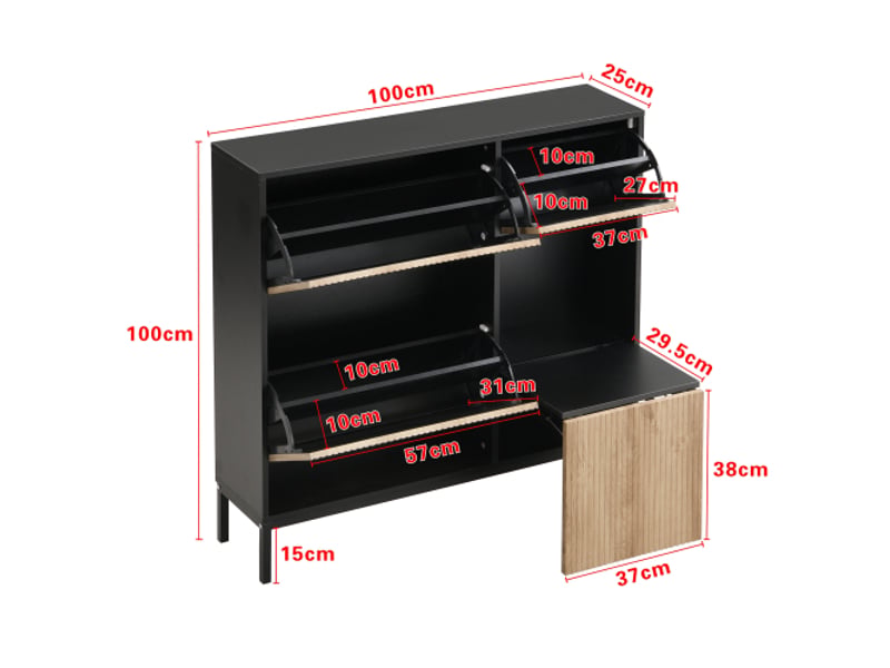  Meuble à chaussures noir et bois avec tabouret à langer, étagère à chaussures à trois volets et espace de rangement ouvert  - Conforama D