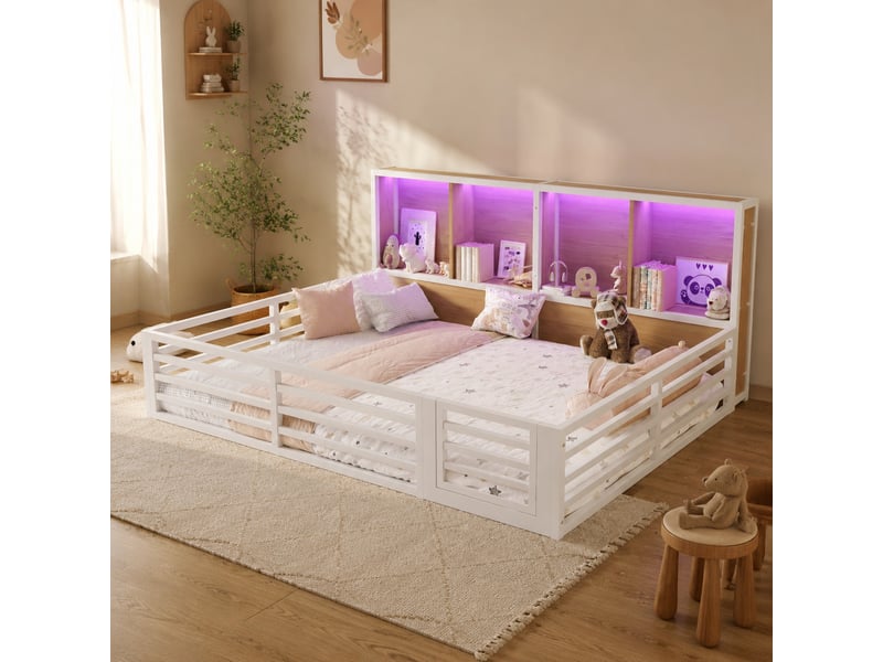  Lit banquette enfant 200×140 cm avec barrière ouvrante, rangements latéraux et éclairage led, sans matelas, blanc  - Conforama B