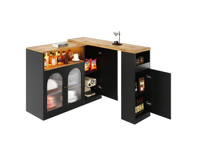  Table de bar pivotante extensible avec lumière led,4 portes(2 portes en verre changhong) et 2 niches,noir table de bar noir - Conforama A