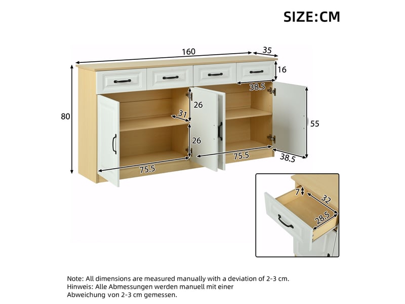 Buffet blanc, blanc et naturel, 160 × 35 × 80 cm, mdf, avec 4 portes, 4 tiroirs et 2 étagères, étagères réglables - Conforama B