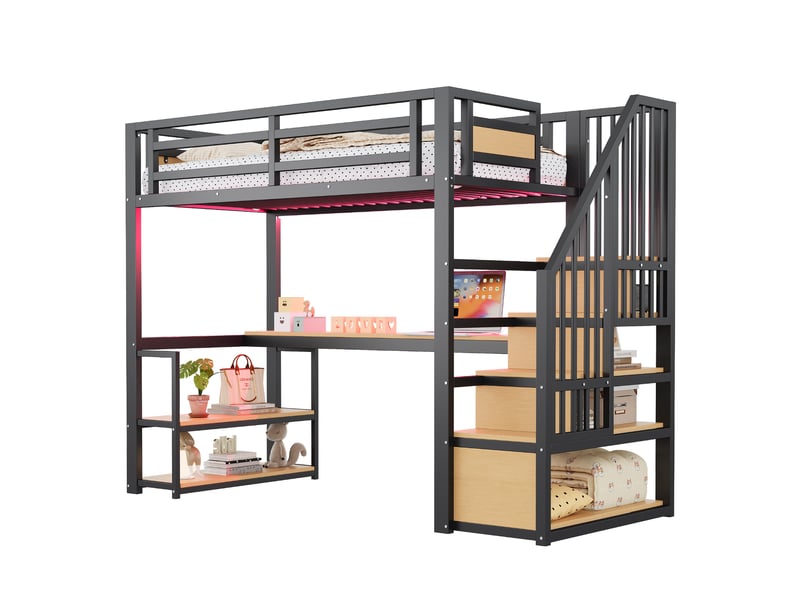 Lit mezzanine enfant 90x200 cm – noir – bureau, étagères, escalier de rangement, led - sans matelas - Conforama A