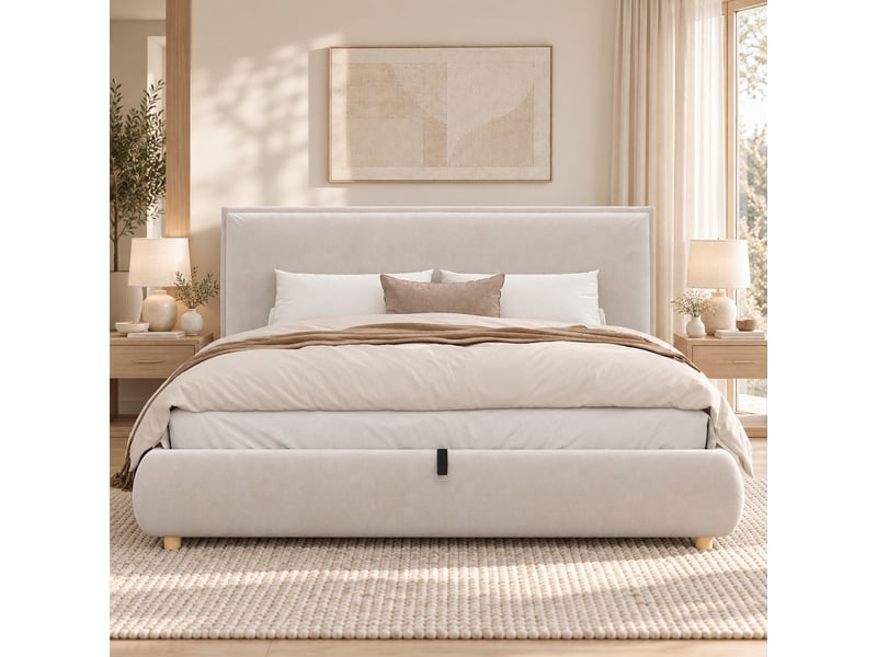 Lit coffre rembourré 160 × 200 cm avec sommier à lattes, velours crème Fay Lum - Conforama E