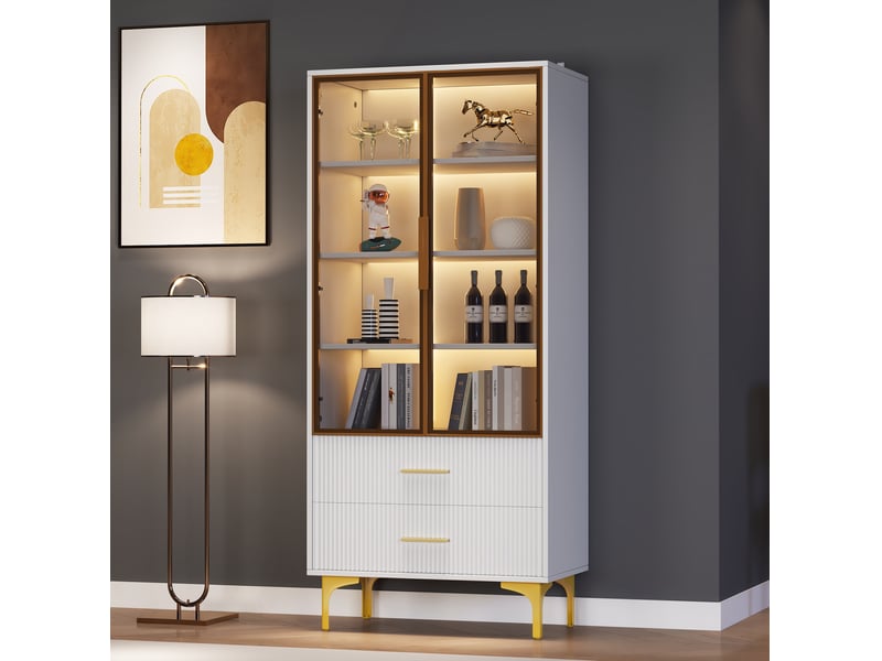  Vitrine avec 2 portes vitrées, 2 tiroirs, 3 étagères dont 2 réglables et led pour salon, blanche, 70 × 35 × 150 cm  - Conforama D