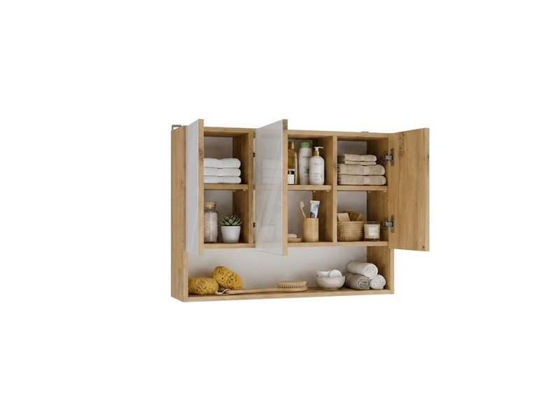  Pola 3dlp - meuble de salle de bain suspendu avec 3 miroirs et 3 portes, 7 étagères - 80x60x20 - chêne artisan  - Conforama E