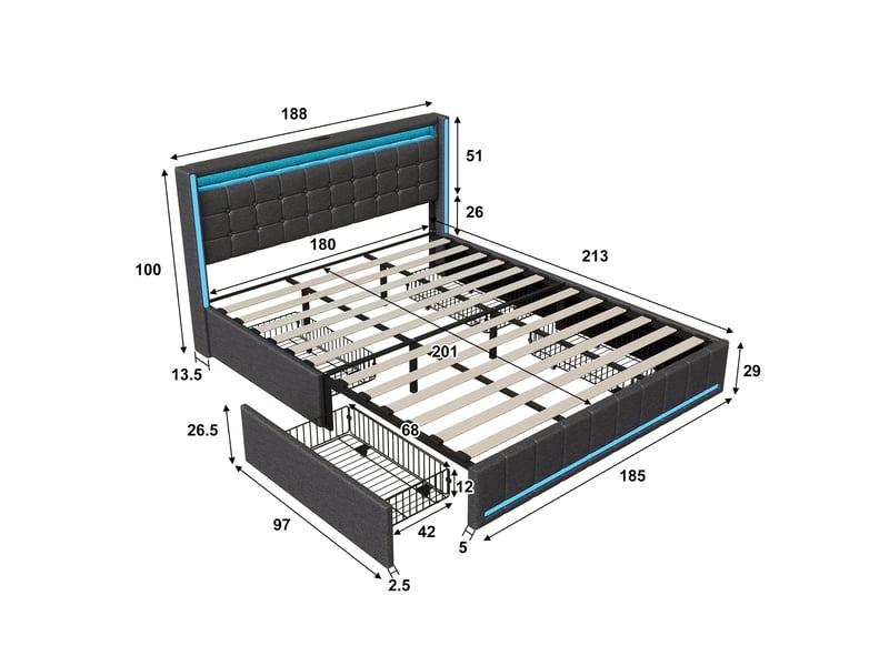 Lit adulte 180x200 avec 4 tiroirs de rangement et led rgb - tête de lit connectée usb & usb-c - tissu gris foncé moderne - Conforama E