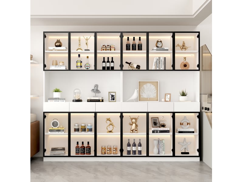  Vitrine 240x36x200 cm avec éclairage led, portes et tiroirs, blanc et cadre noir  - Conforama E