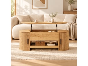 Table basse relevable 110 x 55 x 55 cm avec rangement caché, portes coulissantes et plateau extensible, effet rainuré