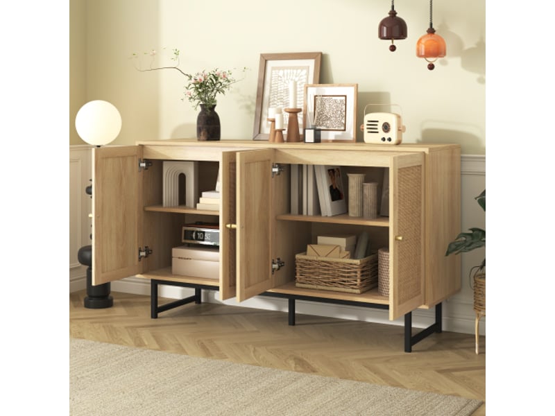 Buffet salon 140x39,5x80 cm avec rotin véritable, 4 portes, meuble de rangement pour salon - Conforama B