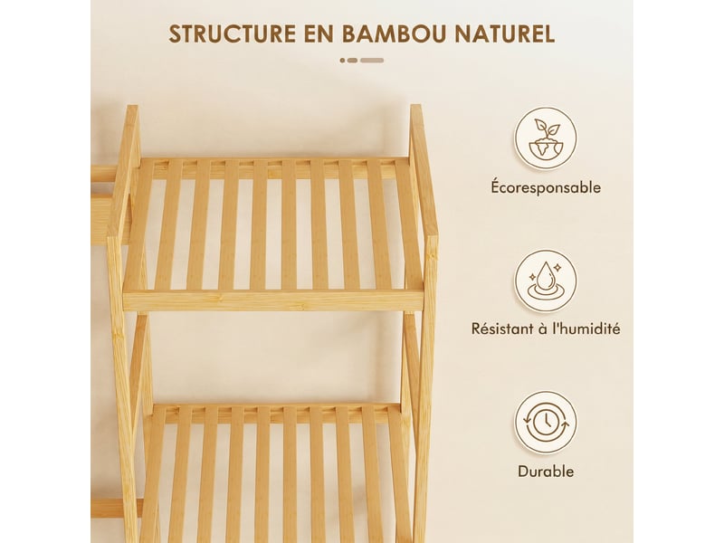  Meuble d'entrée en bambou, vestiaire d'entrée, banc, assise rembourrée, 10 crochets, tringle, 104x33x175cm, naturel  - Conforama E