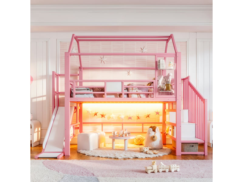 Lit mezzanine enfant 140x200 avec toboggan et led bluetooth evryae - Conforama C