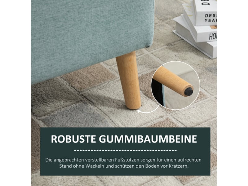  Banc coffre vert clair 110x39x45 cm, polyester aspect lin, bois d’hévéa, style scandinave  - Conforama E