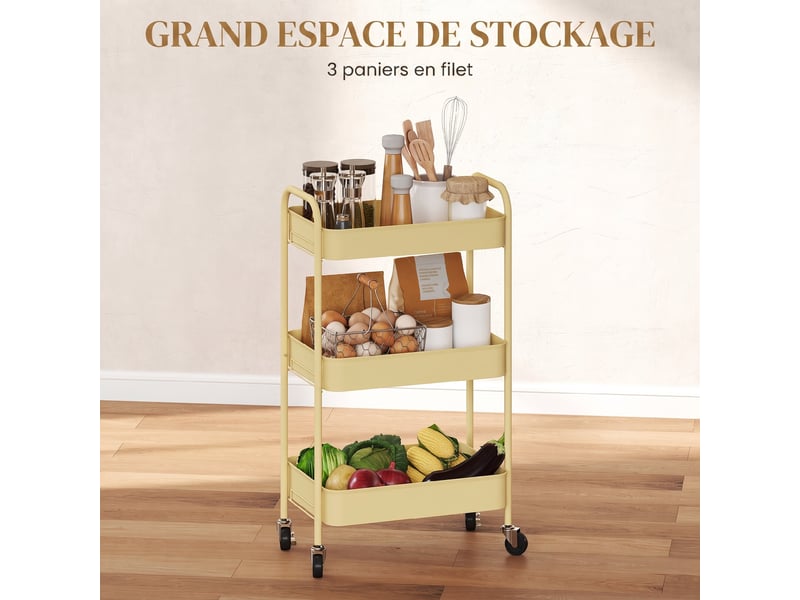  Desserte chariot de rangement à roulettes 3 niveaux en acier jaune 45 x 30,6 x 79 cm  - Conforama D