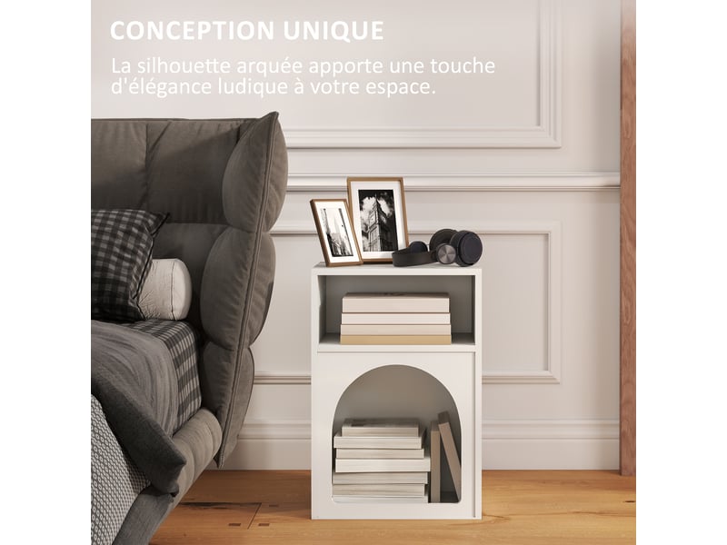  Lot de 2 tables de chevet, table de nuit avec compartiments ouverts, design arqué, blanc, 40 x 30 x 60 cm  - Conforama A