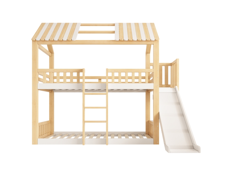  Lit superposé 90x200 cm avec étagère et toit en pente blanc et naturel  - Conforama D