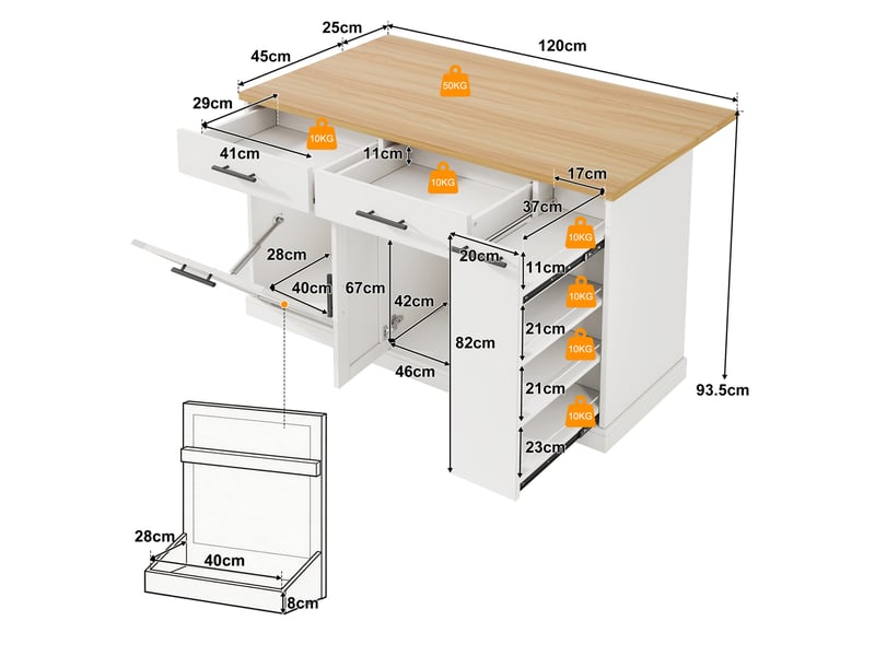 Desserte de cuisine avec plateau rabattable, 2 tiroirs, rangement à épices et poubelle, mdf blanc, 120 × 70 × 93 cm  - Conforama D