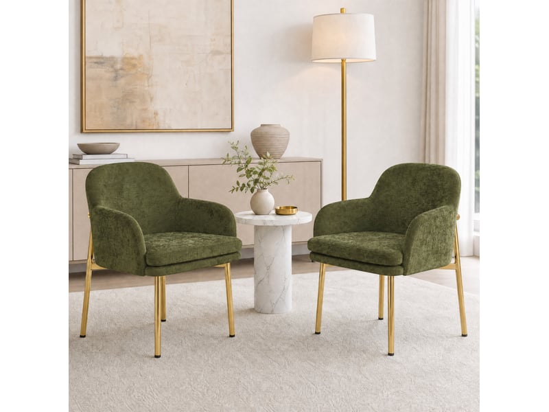  Lot de 2 chaises de salle à manger, dossier ergonomique, moderne, métal et bois, vert et doré  - Conforama B