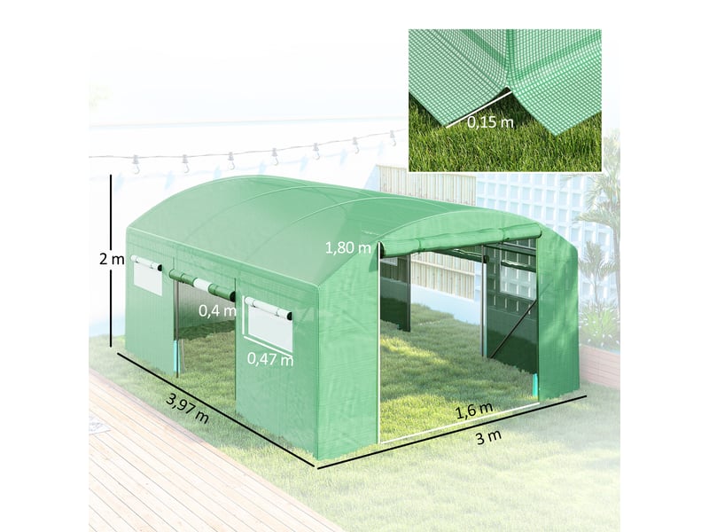  Serre tunnel de 4 x 3 x 2 m avec 6 fenêtres, 3 portes sectionnelles, couverture en polyéthylène et structure en acier galvanisé vert  - Conforama E