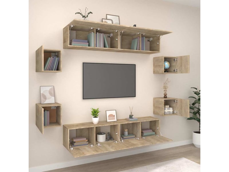  Ensemble de meubles tv - banc tv - meuble de rangement 8 pcs chêne sonoma bois d'ingénierie  - Conforama C