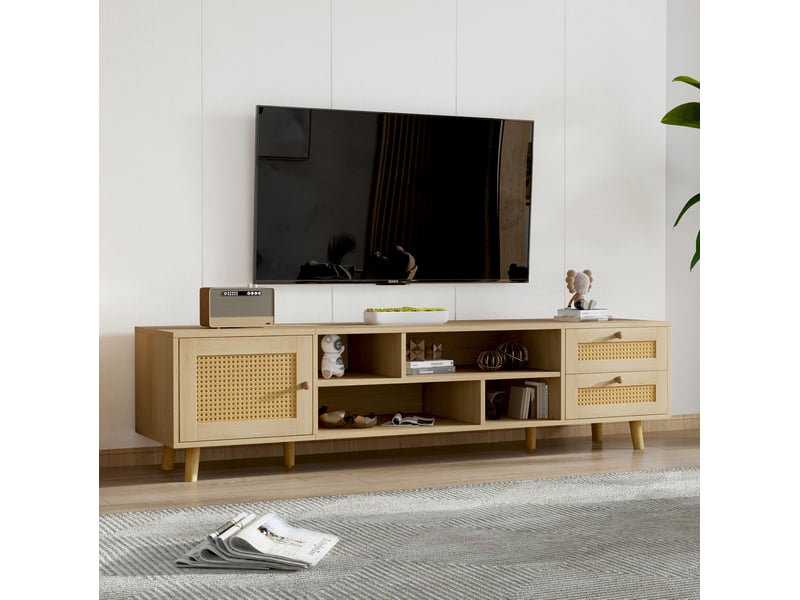  Meuble tv modenvie avec rangement 160 x 39 x 40 cm en panneaux de particules et rotin chêne clair  - Conforama B