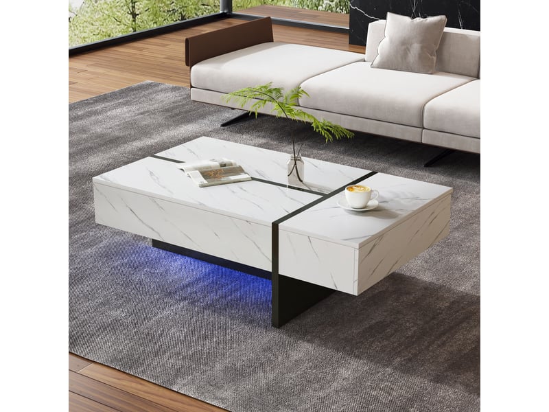 Table basse blanche moderne avec led effet marbre, 3 tiroirs, 105x60x35 cm  - Conforama D