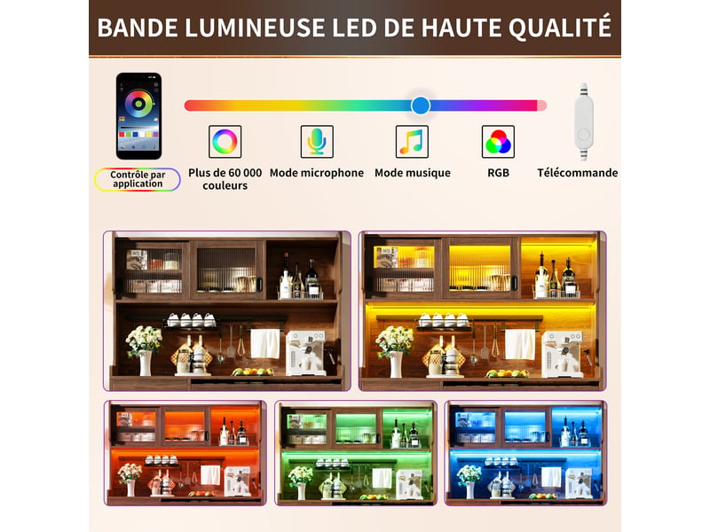 Meuble de cuisine muvano, buffet de cuisine 5 portes en mdf marron avec led, 145 × 39 × 171 cm - Conforama E