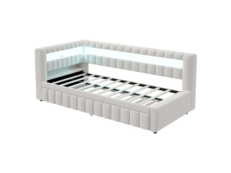  Lit banquette gigogne 90x200 cm en velours beige, led, tête de lit avec rangement et port usb  - Conforama A