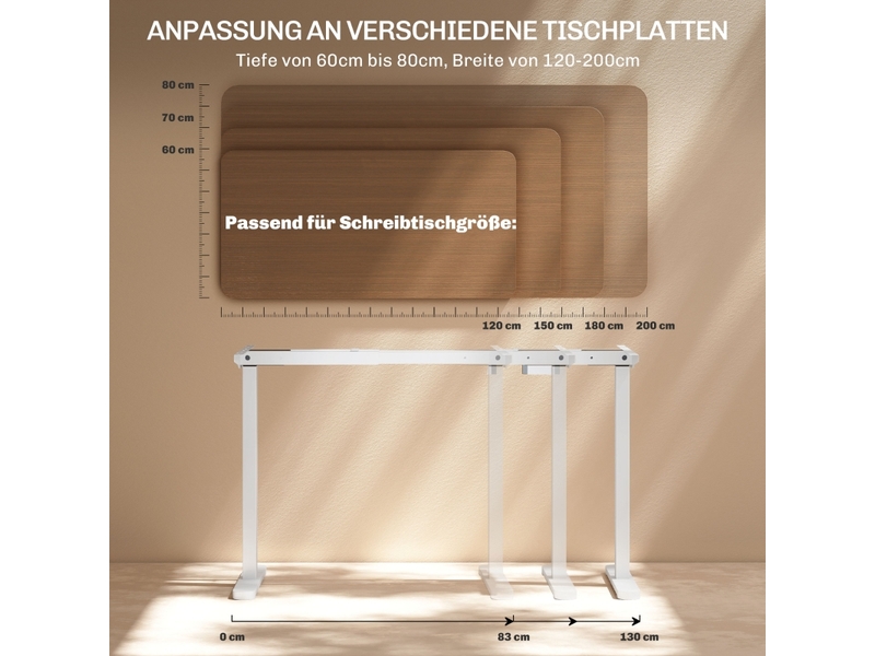  Bureau droit réglable en hauteur avec 2 moteurs, 3 mémoires, anti-collision, led, structure robuste, en acier, blanc  - Conforama E
