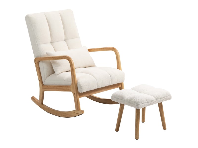 Fauteuil à bascule 82 x 64,5 x 99 cm blanc en bois, avec repose-pieds, dossier haut et accoudoirs pour salon - Conforama A