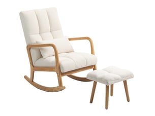 Fauteuil à bascule 82 x 64,5 x 99 cm blanc en bois, avec repose-pieds, dossier haut et accoudoirs pour salon
