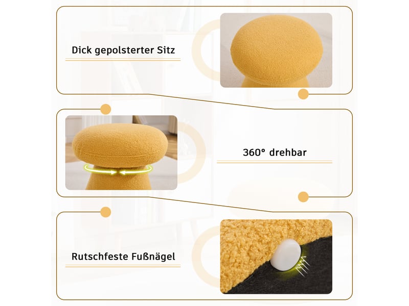  Repose-pied pivotant à 360° en forme de champignon, assise rembourrée pour salon et chambre, en tissu teddy jaune  - Conforama C