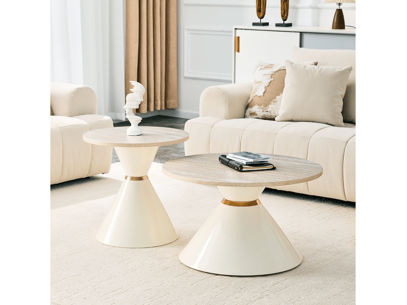  Tables basses gigognes 70x42,5+50x50,5 cm, design conique, empilables pour salon et pour bureau, métal, blanc crème  - Conforama B