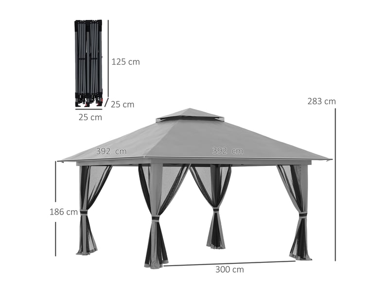  Pavillon pliant de jardin - 4x4 m - gris foncé - protection uv50+ - parois en filet - toit double 392x392x283cm - Conforama C