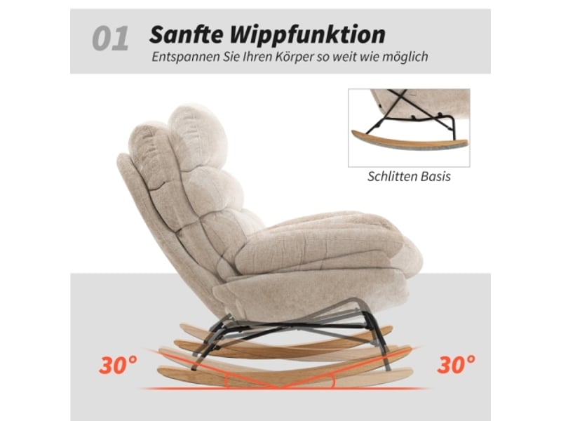  Fauteuil à bascule rembourré crème avec pieds en acier et patins en bois, style moderne  - Conforama D