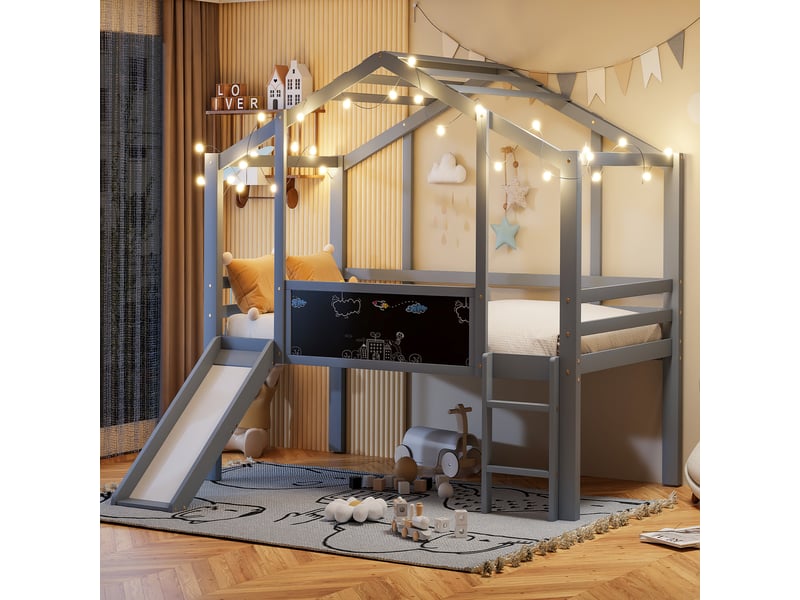 Lit mezzanine 90x200 cm coloris gris bois massif lit enfant gris - Conforama E