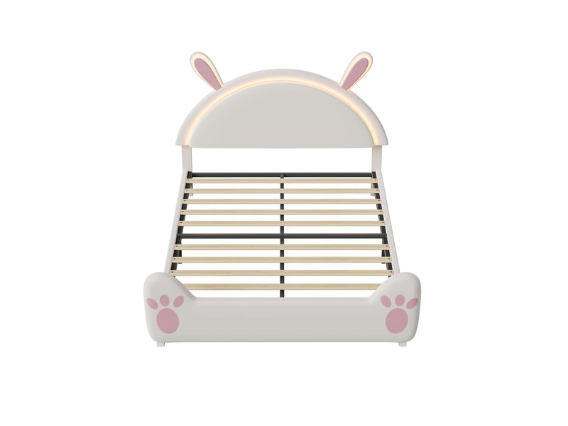  Lit simple 140x200 cm, lit enfant capitonné en velours avec tête de lit en forme de lapin et led, sommier, blanc  - Conforama A