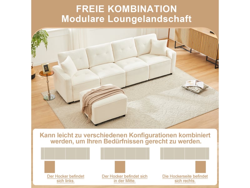  Canapé droit 4 places beige en velours côtelé, 280 × 146 × 85 cm, avec rangement et pouf mobile, pour salon  - Conforama D