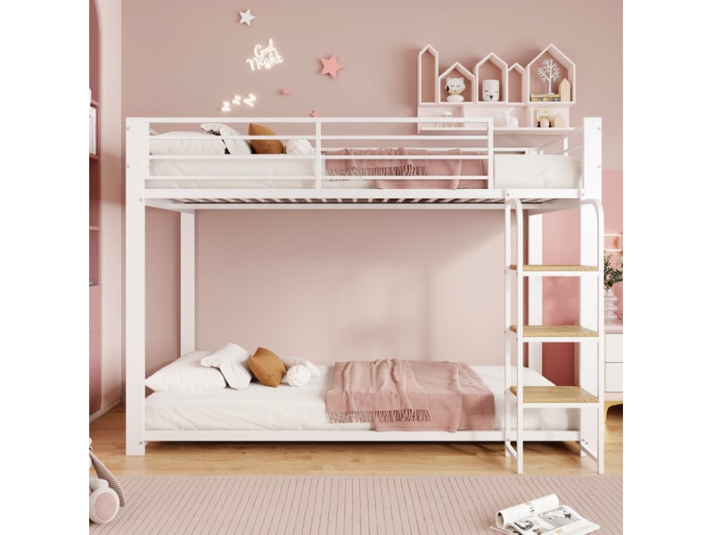 Lit superposé enfant 90 × 200 cm 2 places avec échelle et barrières, sans matelas, métal et mdf blanc noyer - Conforama C