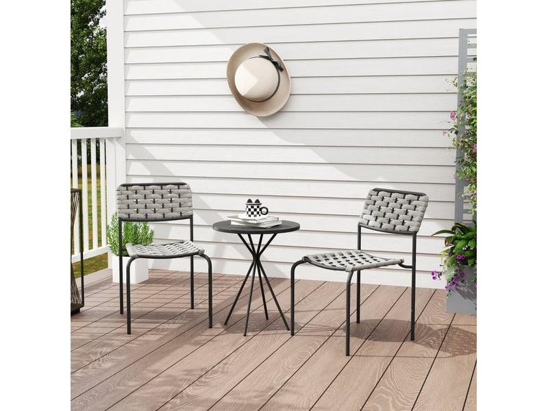  Salon de jardin 3 pièces gris en acier, 2 chaises empilables et table ronde pour balcon et terrasse  - Conforama E