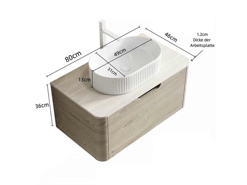  Meuble sous vasque suspendu avec 1 tiroir à fermeture amortie et vasque ovale pour salle de bain 80 × 46 × 50,2 cm  - Conforama C