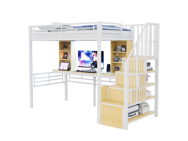 Lit mezzanine blanc 90x200 cm en métal et mdf, bureau, escalier de rangement réversible, led et prise intégrée - Conforama A