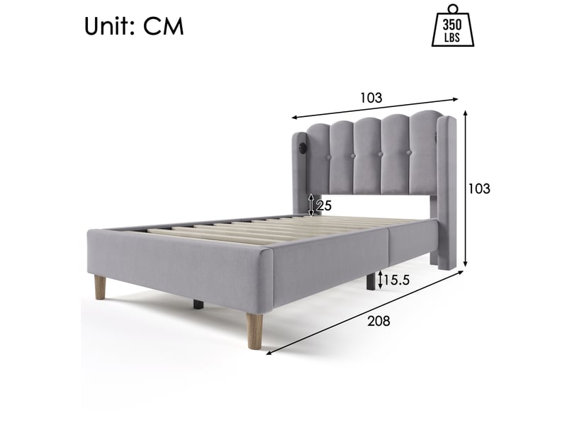  Lit enfant 90x200 cm – gris – ports usb et usb-c, sommier à lattes et matelas h3 inclus, tête de lit rembourrée  - Conforama C