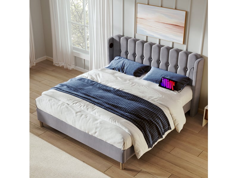  Lit double 160x200 avec charge usb type c gris cravdom  - Conforama D