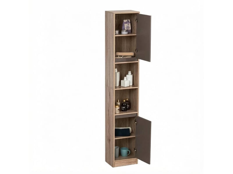  Armoire de salle de bain étroite avec 2 portes, 2 niches et étagères réglables, gris et chêne, 30 × 24 × 170 cm  - Conforama A