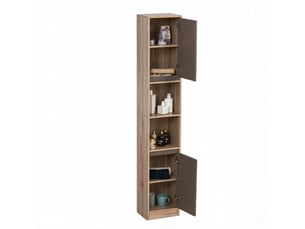 Armoire de salle de bain étroite avec 2 portes, 2 niches et étagères réglables, gris et chêne, 30 × 24 × 170 cm