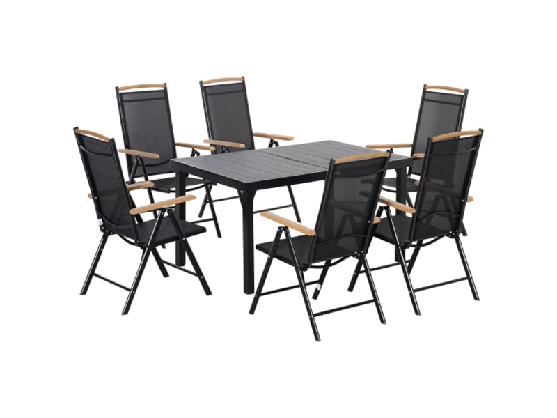  Salon de jardin pliable 6 personnes, table + 6 chaises, aluminium, maille, noir  - Conforama A